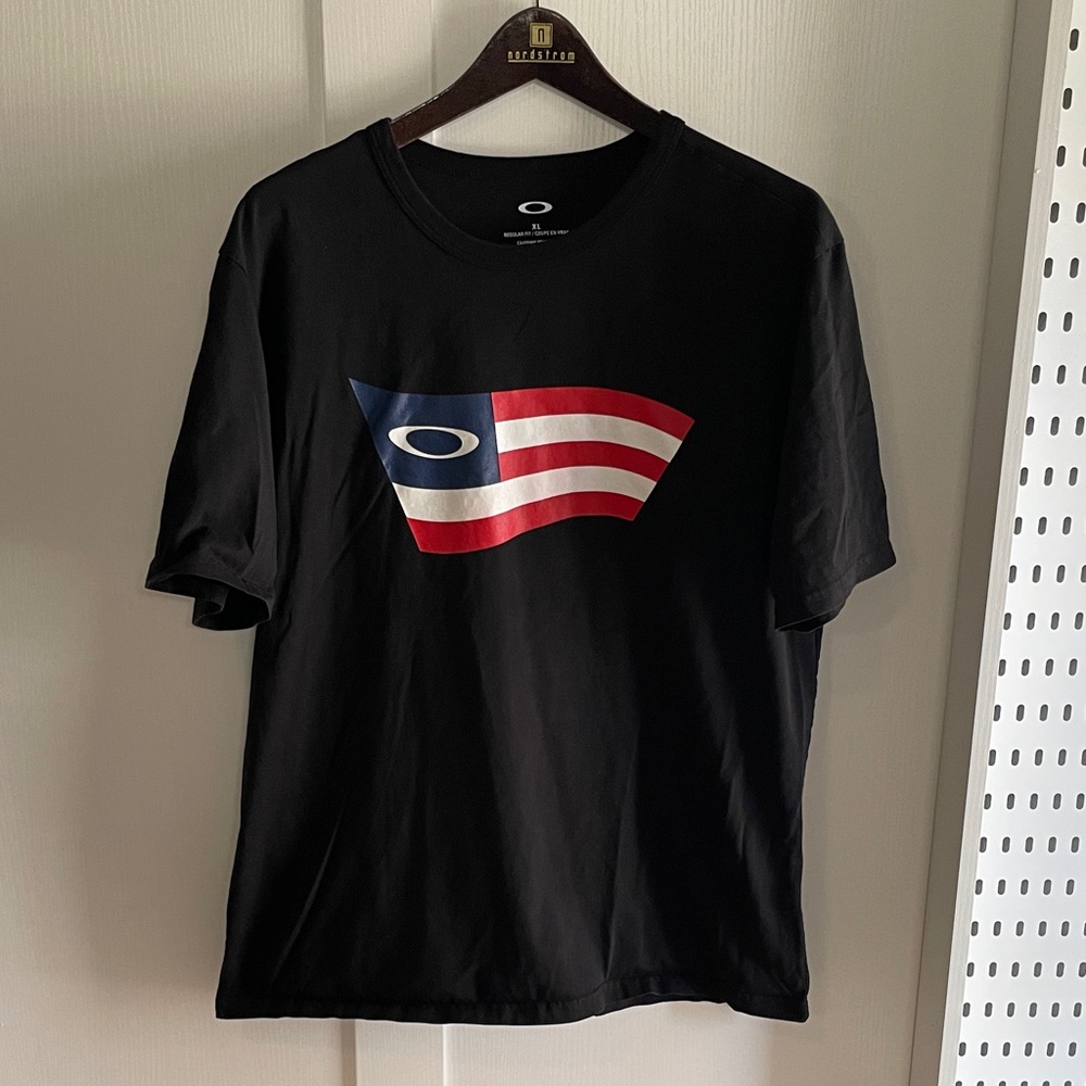 Oakley Black Tee with Red and Blue Flag Graphic